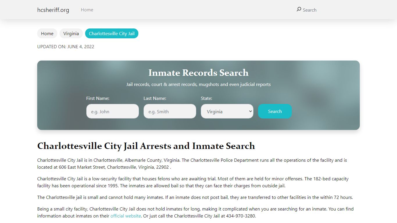 Charlottesville City Jail Arrests and Inmate Search