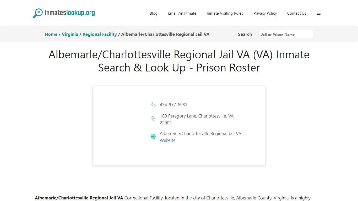 Albemarle/Charlottesville Regional Jail VA (VA) Inmate Search & Look Up ...
